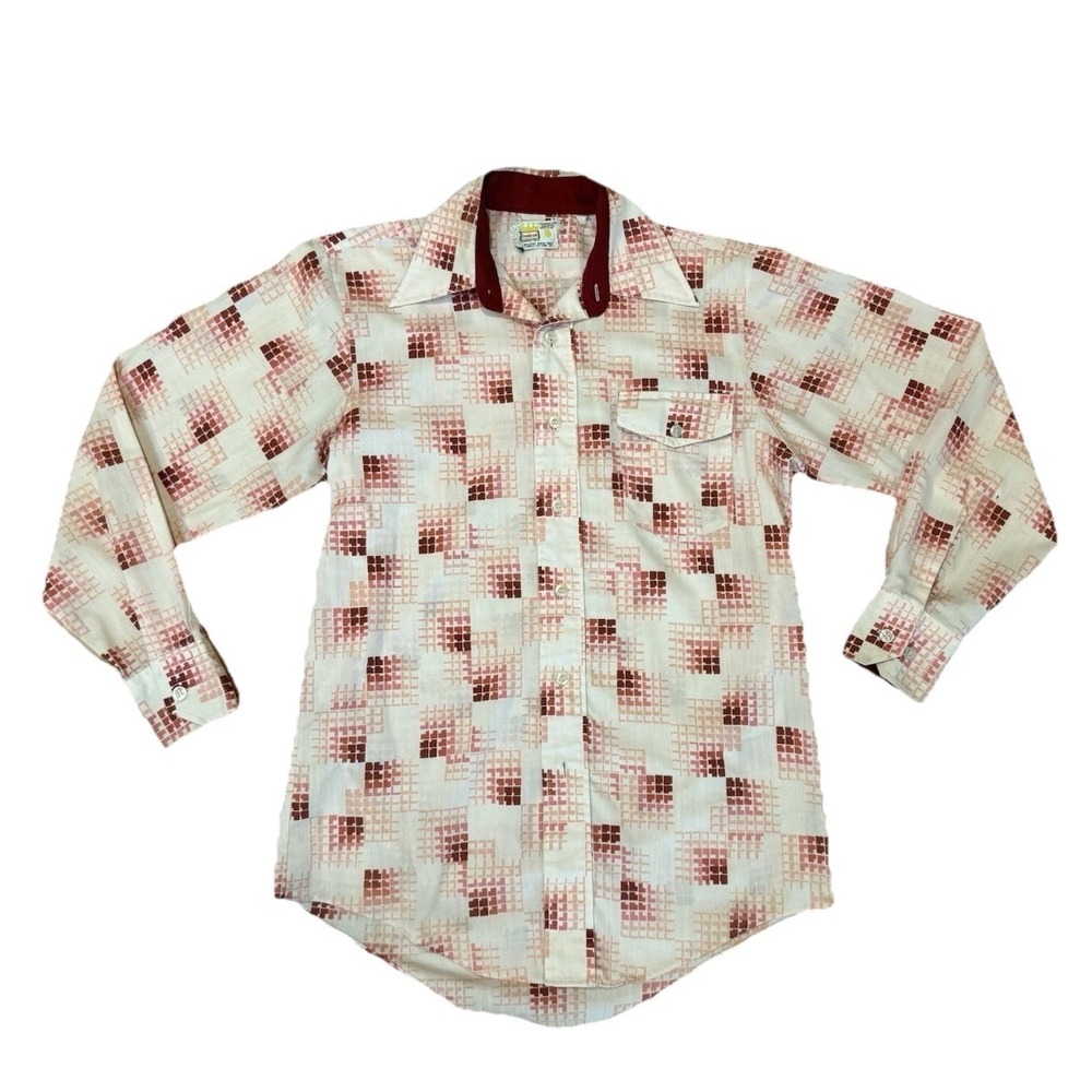 VTG 70s Cranbrook Men's SM Med 14.5 Dagger Collar Red Pink Shirt Groovy‎ Poly